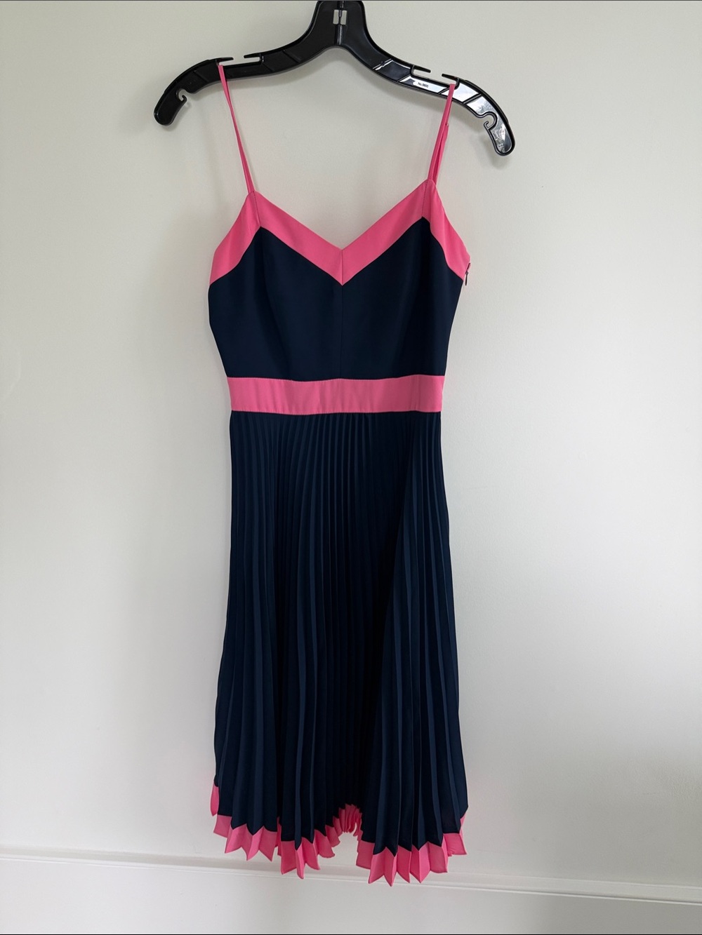 Milly Navy and Pink Pleated Spaghetti-Strap Dress